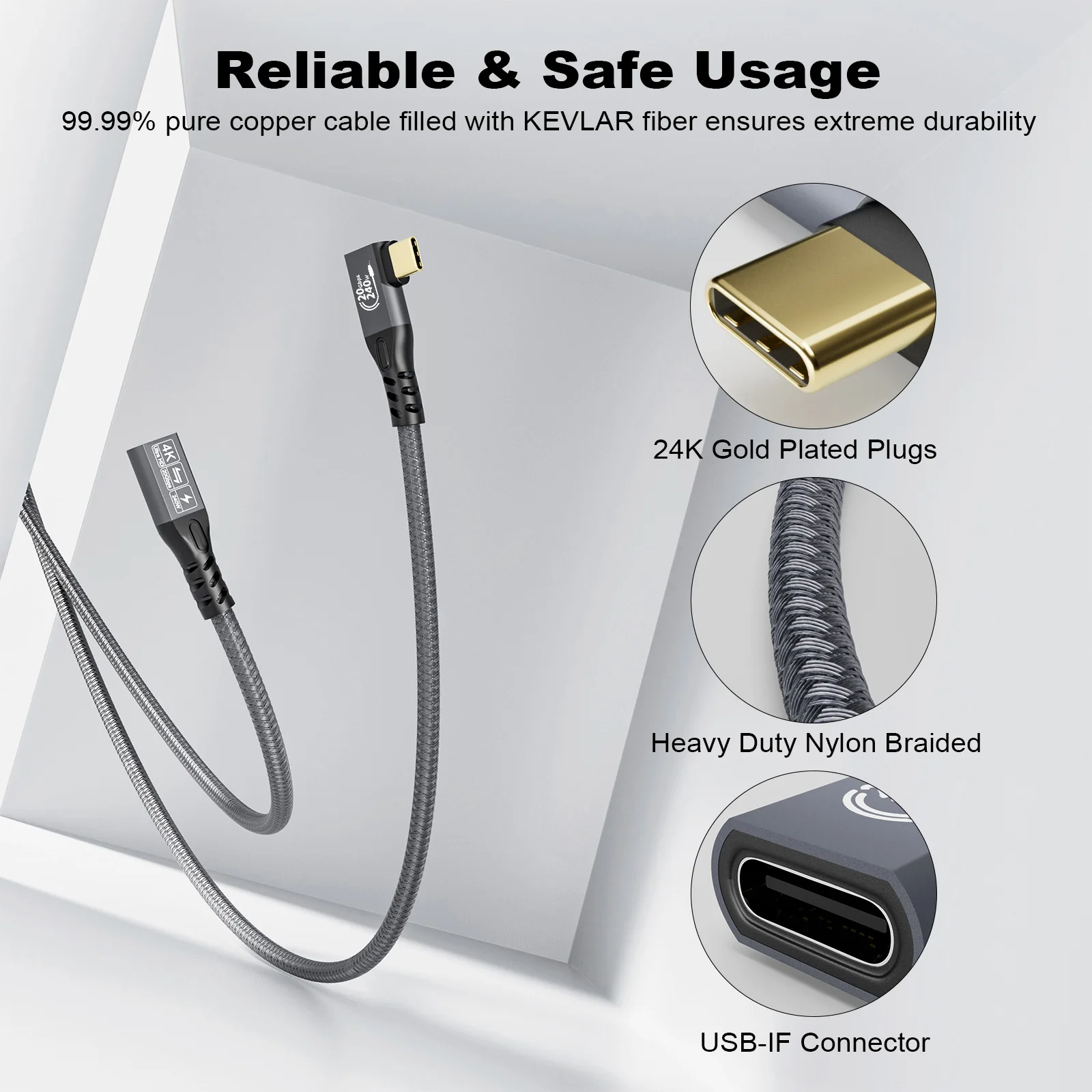 Удлинительный кабель USB C 3,2, 90 градусов, 20 Гбит/с, USBC 3,2 Gen2 Type-c «Папа-мама», Удлинительный кабель Ultra 4K @ 60 Гц, 240 Вт, зарядка 20 Гбит/с