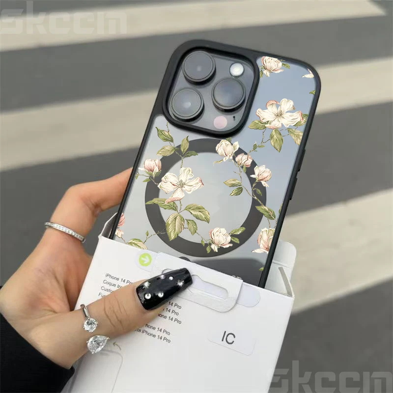 Charming Floral Design Matte Magnetic Clear Phone Case with Wireless Charging Capability