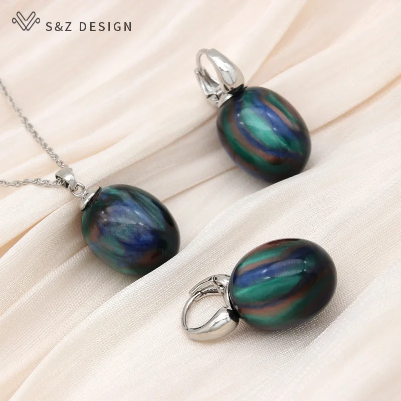 S&Z DESIGN New Stylish Egg Shape Oval Resin Colorful Beads Drop Earrings For Women Wedding Party Elegant Fashion Jewelry Sets