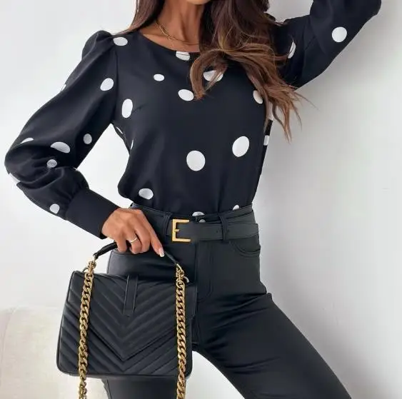 Autumn New 2023 Fashion Polyester Round Neck Temperament Commuting Elegant Style Long Sleeved Shirt Printed Shirt for Women