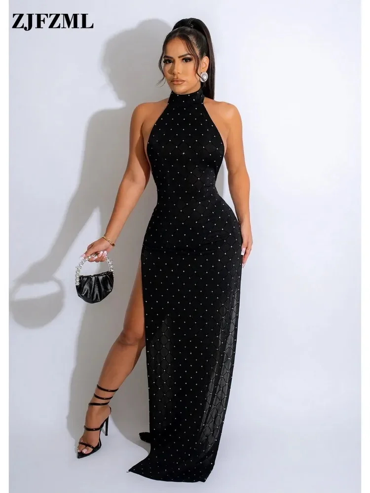 

Sexy Sleeveless Halter Plaid Long Dress Elegant Cocktail Clothing For Female Open Back Vestidos Both Side High Split Maxi Dress