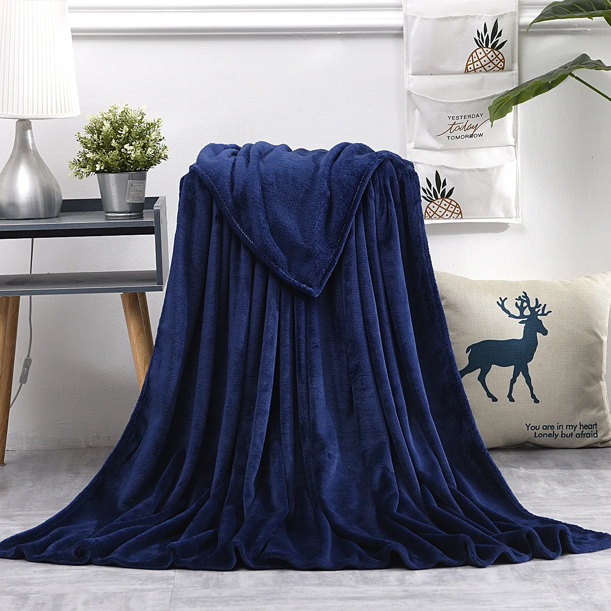 Dark Blue Fluffy Winter Plaid Warm Soft Coral Fleece Blanket