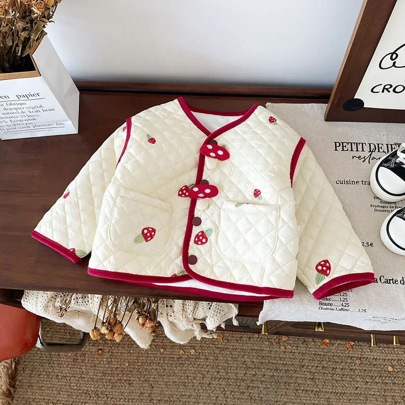 O넥 단추형 긴팔 소프트 플리스 재킷 1-6세 어린이용 따뜻한 배색 패딩 아우터  소녀 자수 면 코트