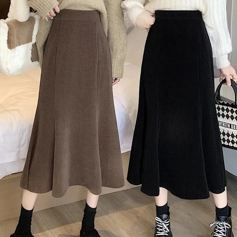 

Rimocy Corduroy Long Mermaid Skirt Woman 2023 Spring Ruffles High Waist Midi Skirts Women Korean Back Elastic Black Skirt Ladies
