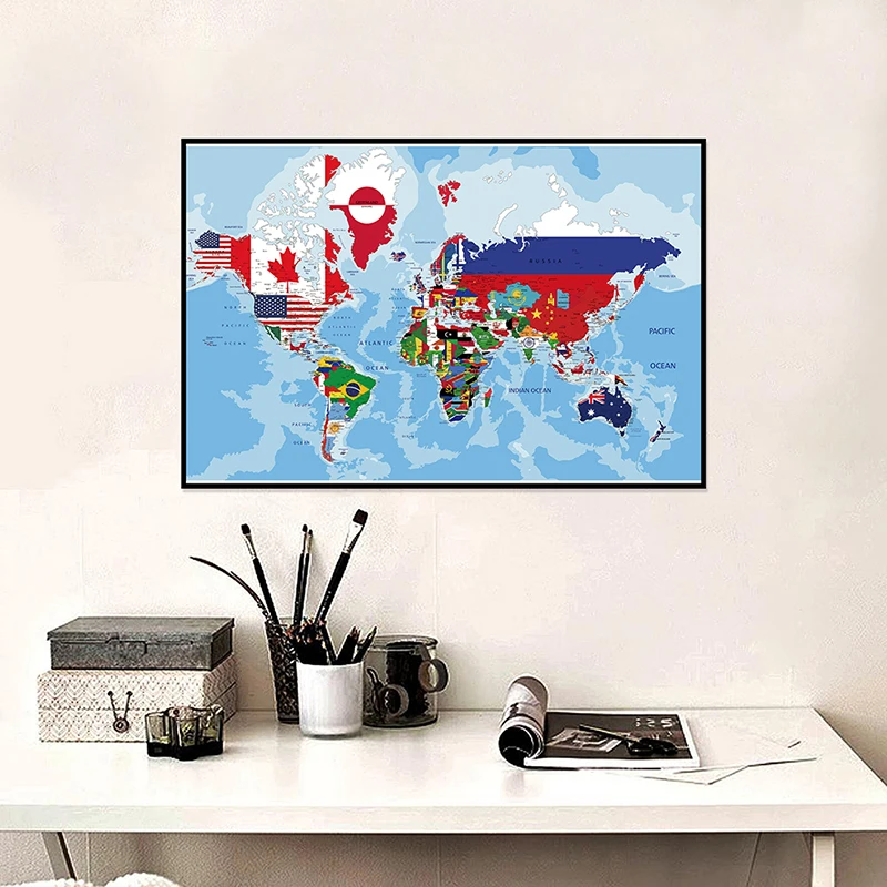 The World Map In English Canvas Painting Wall Art Poster and Prints Teaching Supplies Living Room Home Office Decor 45*30cm