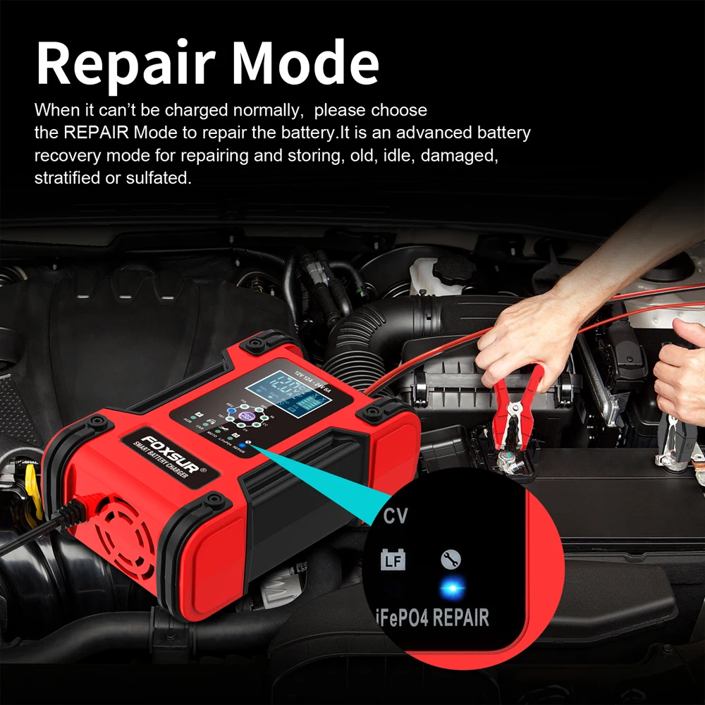 Smart Car Battery Charger 12V 24V LCD Display Motorcycle 7 Stage Automatic Charger AGM Deep Cycle GEL Wet Dry Lead-Acid Charger 3