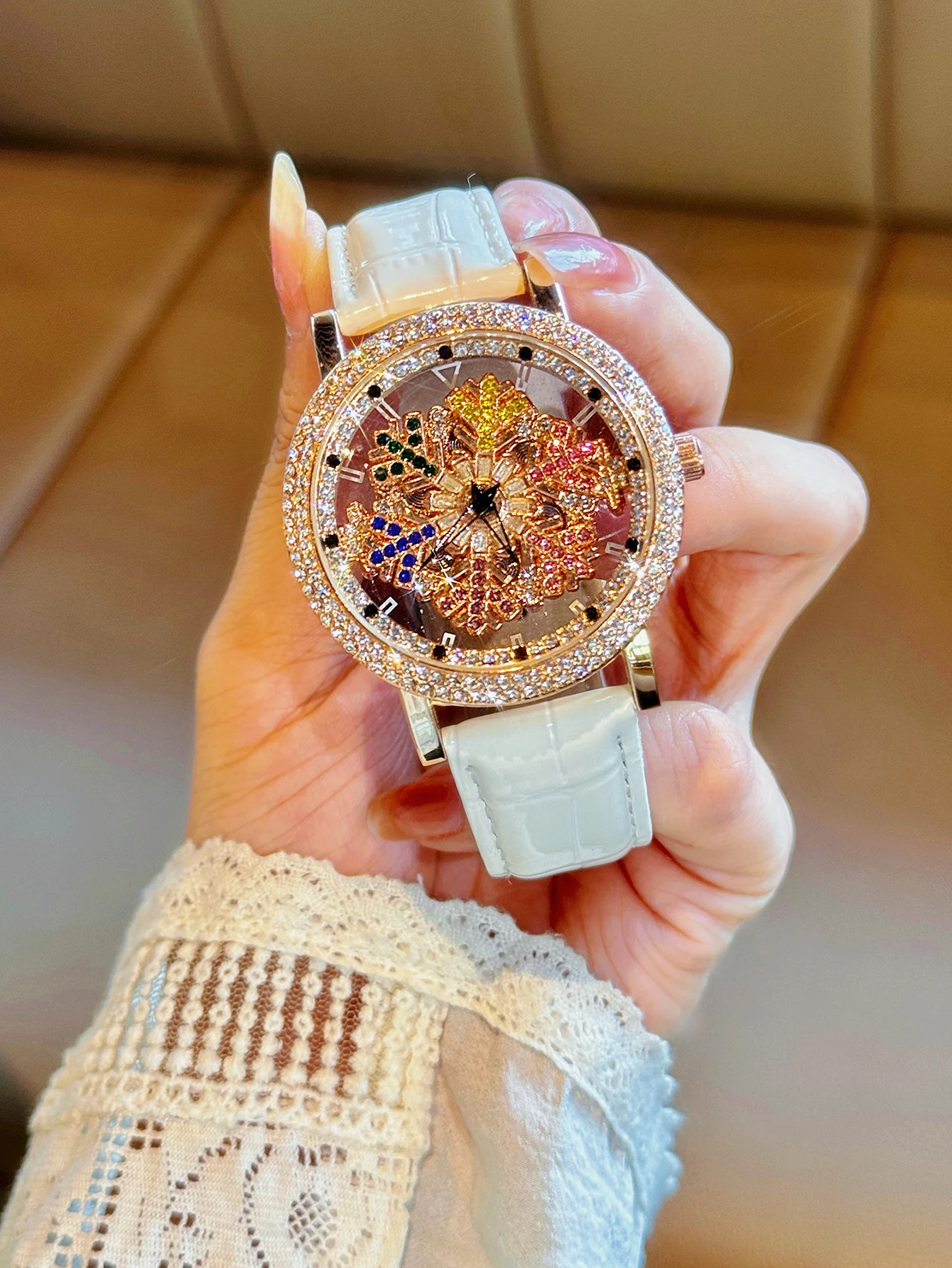 Gold Elegant Ladies Quartz Watch with Snowflake Dial & Leather Strap
