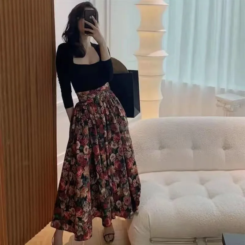 denim skirt 2022 Spring Summer Hepburn Vintage Elegant Boutique Print Embroidery Aesthetic Mid-calf Pleated Skirt jean skirt Skirts