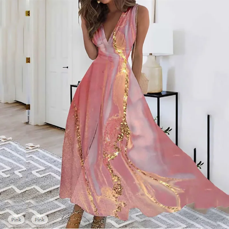 

Summer New Floral Print Women Tank Dress Fashion Sexy Deep V-Neck High Waist Casual Elegant Large Swing Female A-Line Dress