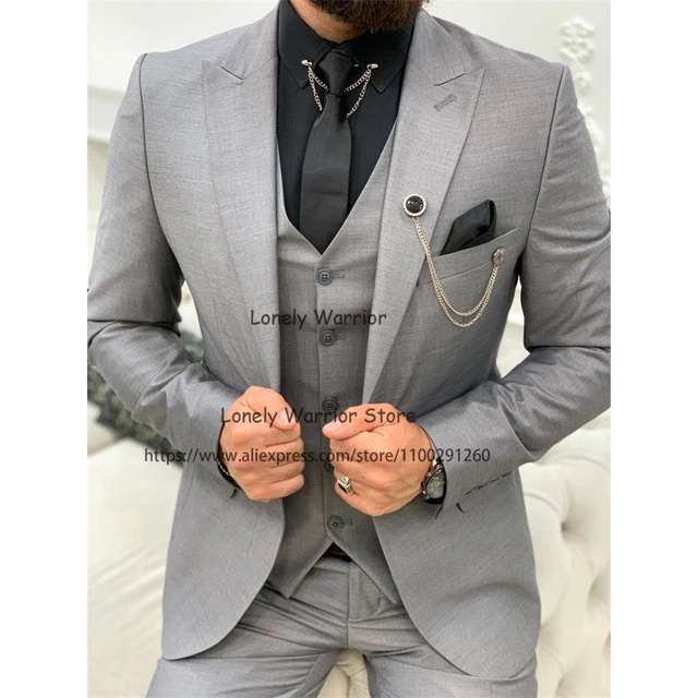 Fashion Grey Daily Men Suit Formal Business Blazer Slim Fit Wedding Groom  Tuxedo Banquet 3 Piece Jacket Vest Pants Costume Homme