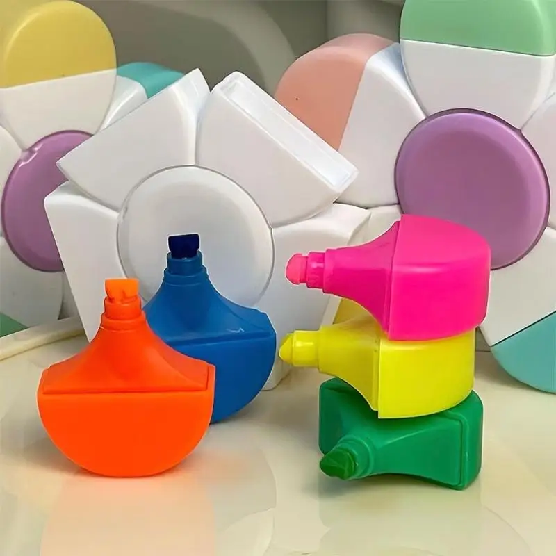 1Pcs 꽃 모양 수채화 색상 5-In-1 형광 펜 학교 사무실 문구 용 손가락 끝 나선형 형광펜