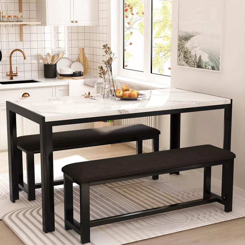 Dining Room Table Set with 2 Benches, Dining Table Set for 4-6, Faux Marble Breakfast & PU Leather Upholstered