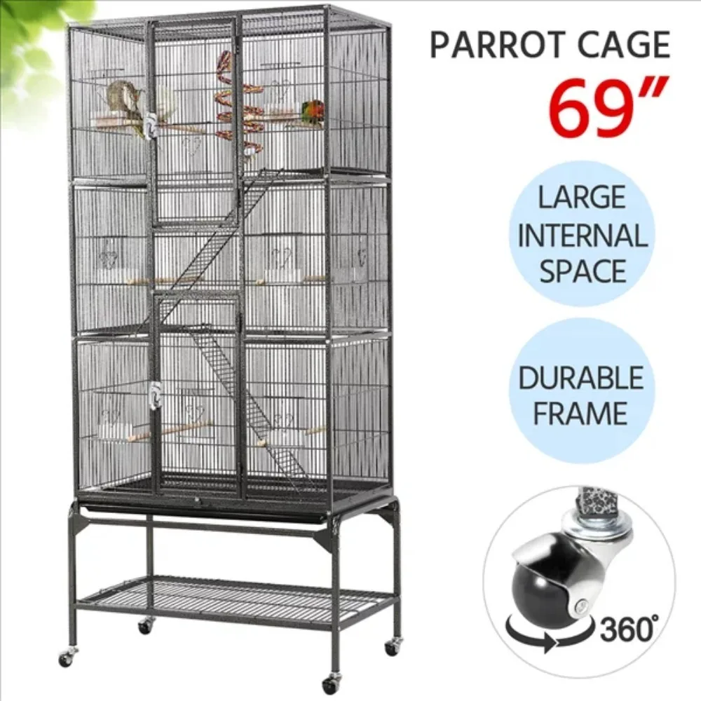 

69" H Rolling Extra Large Metal Bird Cage with Detachable Stand for Parrots, Black parrot cage