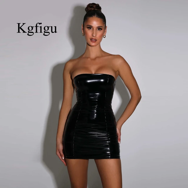 Short Leather Dress Outfit, Strapless Pu Leather Dress