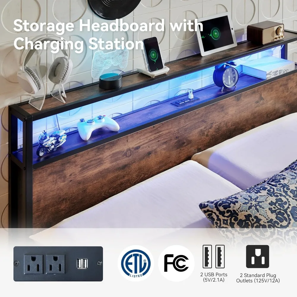 Bed Fram, Queen Size Bed Frame with 2-Tier Storage Headboard, Metal Industrial Style Platform Bed Frame with Charging Station 3