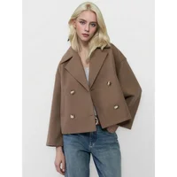 Fashionable Short Woolen Coat Autumn New Style Women's Clothing Double Row Button Turn-down Collar Commuter Cotton Blend Outerwe