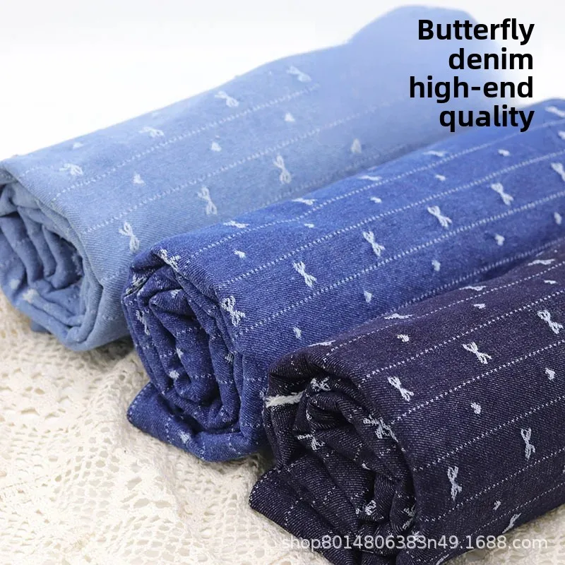 Retro Striped Embroidered Butterfly Knot Washed Denim Fabric Clothing Material Jeans Jacket Bag Fabric Chinese Brand AE Stock