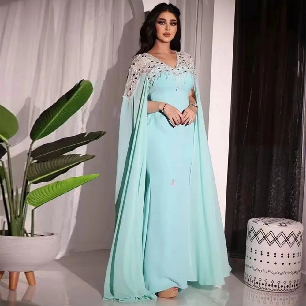

AGLEA 2023 Elegant Women Wear Long Flutter Sleeves Evening Dresses V Neck Beaded Applique Prom Dress Zipper Back Mermaid Gowns