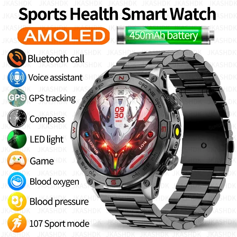 

2024 New Military Outdoor Sports Men's Smart Watch Compass GPS Track Weather AI Voice Clock 107+Sports Modes 450mAh SmartWatch