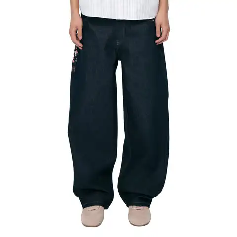 Jean Baggy gothque amércan rétro brodé de fleurs de cerser pour