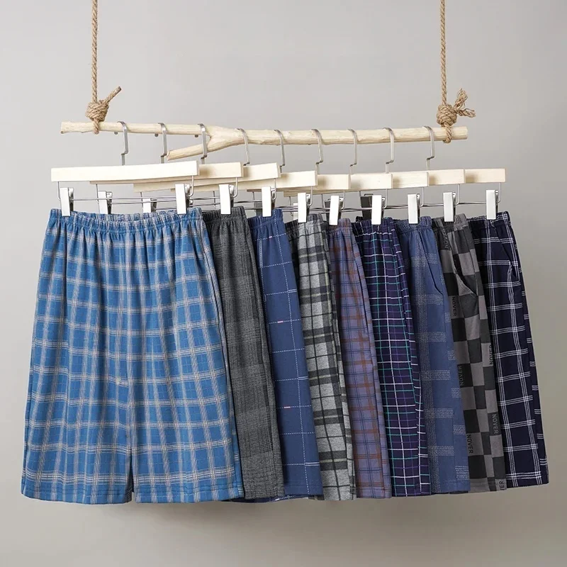 Pajama Pants Mens Sleep Shorts Summer New Cotton Plaid Pajama Pants Adluts Home Loose Cotton Pajama Men&rsquo;s Sleep Bottom Elastic Waist Breathable Pj Pants Shorts