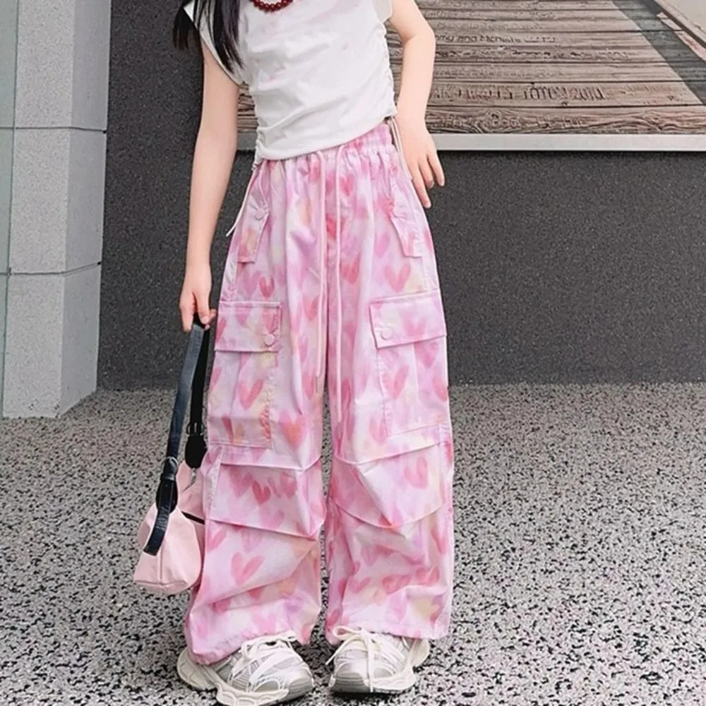 Multi Pockets Baggy Cargo Pants Drawstring Trousers Y2k Wide Leg Pants Joggers High Waist Heart Printing Pants Girl Students