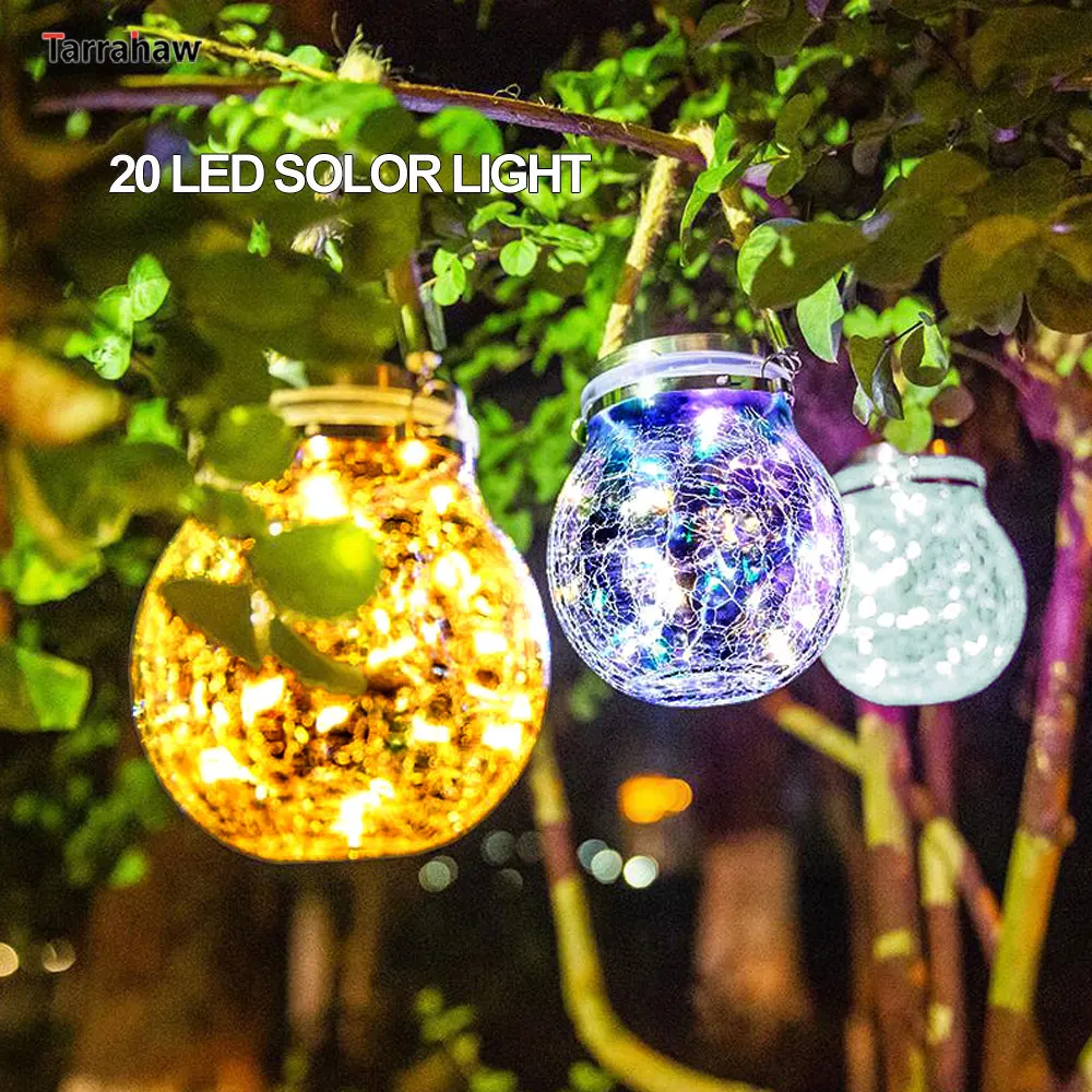 Solar Lights Outdoor Hanging Solar Lantern Crackle Glass Ball Waterproof Garden Decor Lamp for Patio/Yard/Tree/Fence Decoration