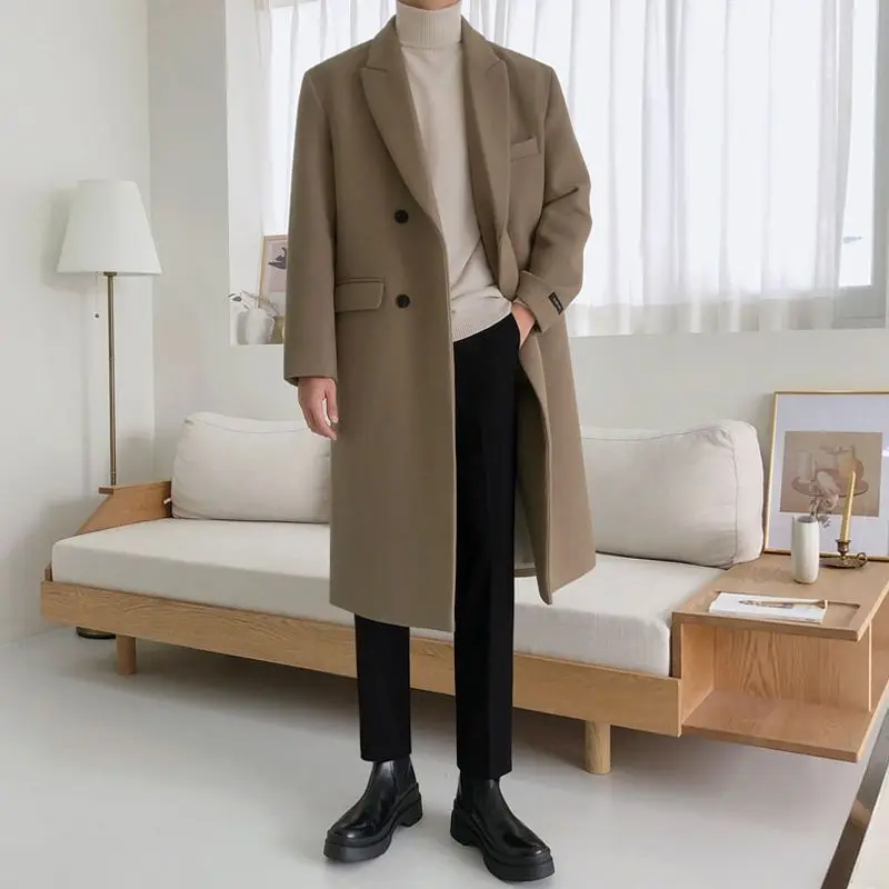 

2023 стильное осенне-зимнее пальто средней длины с отложным воротником, однотонное повседневное деловое шерстяное пальто, мужской Тренч, теплое пальто C40