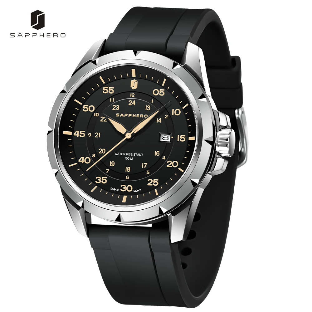 SAPPHERO Luxury Watches for Men 100M Waterproof Silicone Strap Stainless Steel Quartz Clock Sport Casual Wristwatch citizen marine sport зеленый циферблат из нержавеющей стали eco drive aw1526 89x 100m мужские часы