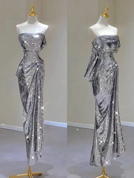 Silver Shiny Cocktail Dresses Strapless Ruched Sleeveless Mermaid Sequins Light Luxury Red Carpet Woman Evening Prom Party Gowns