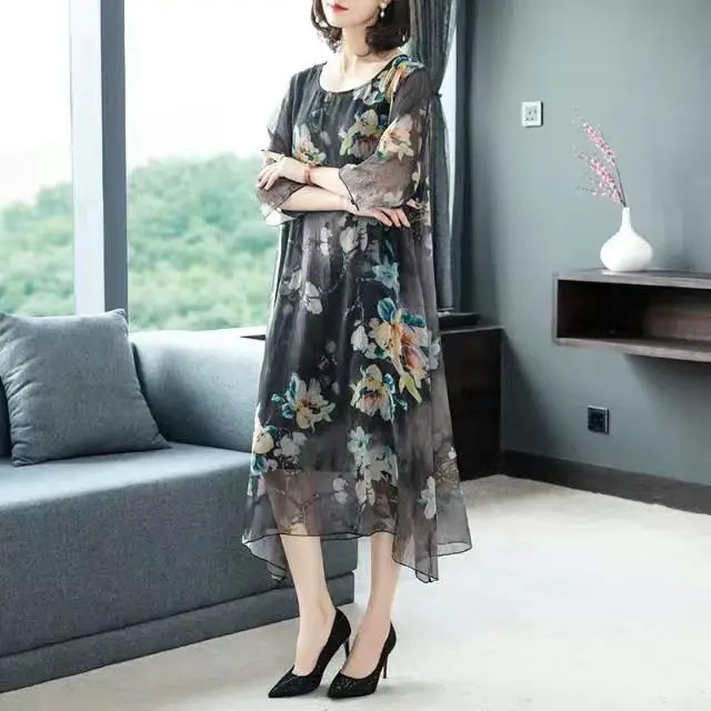 2022 New Summer Women Chinese Style Vintage Floral Print Midi Irregular Dress Three Quarter Sleeve Plus Size 4xl Vestidos Y295 | Женская