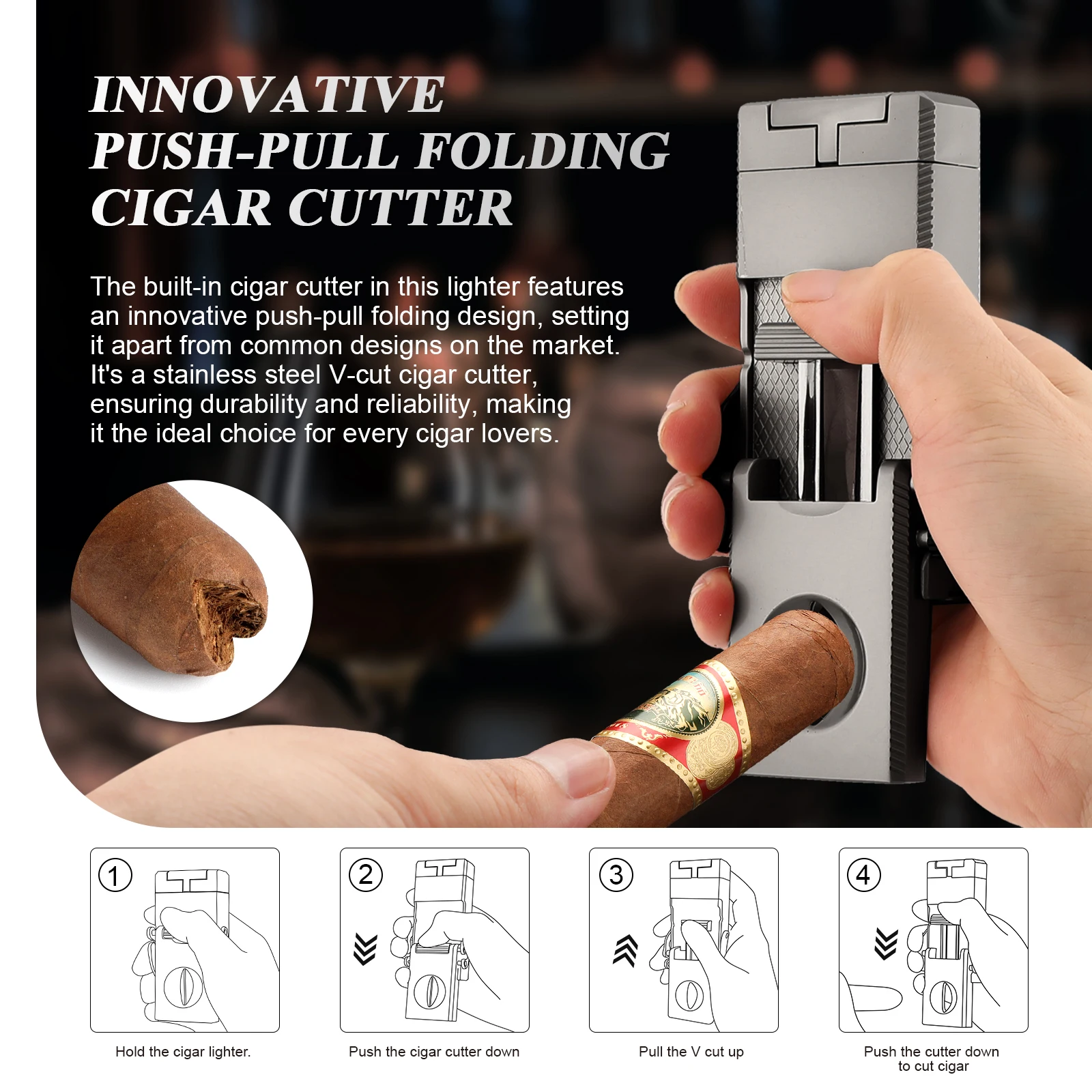 Cigar Lighter, Multifunctional Torch Butane Lighter Built-in Cigar Holder Draw Enhancer Punch Gift for Men