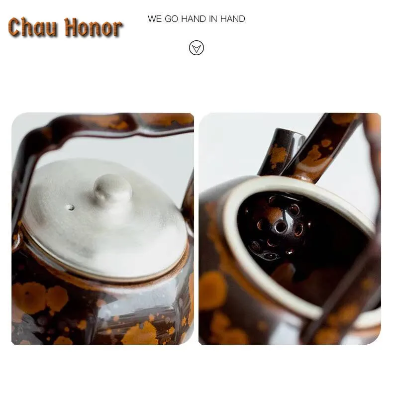 Retro Kiln Change Chestnut Brown Glaze Ceramic Tea Set Drawing Silver Tea Pot Tea Maker Kettle Portable Kung Fu Tea Set Gift Box