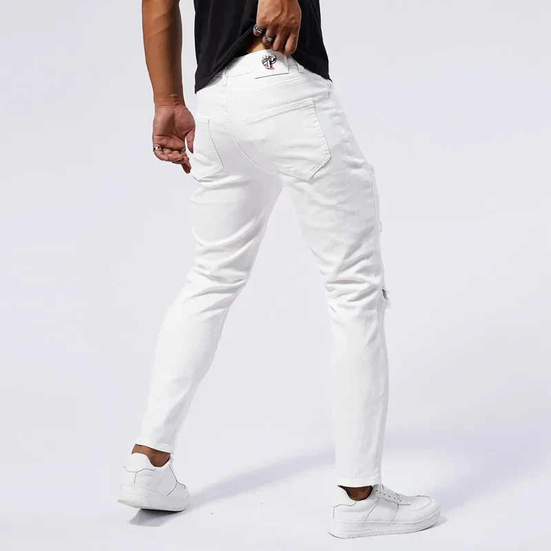 White 97% Cotton Jeans Men Clothing New Ripped Slim Patchwork Fashion Hole Skinny Elasticity Denim Trousers Male Streetwear 3