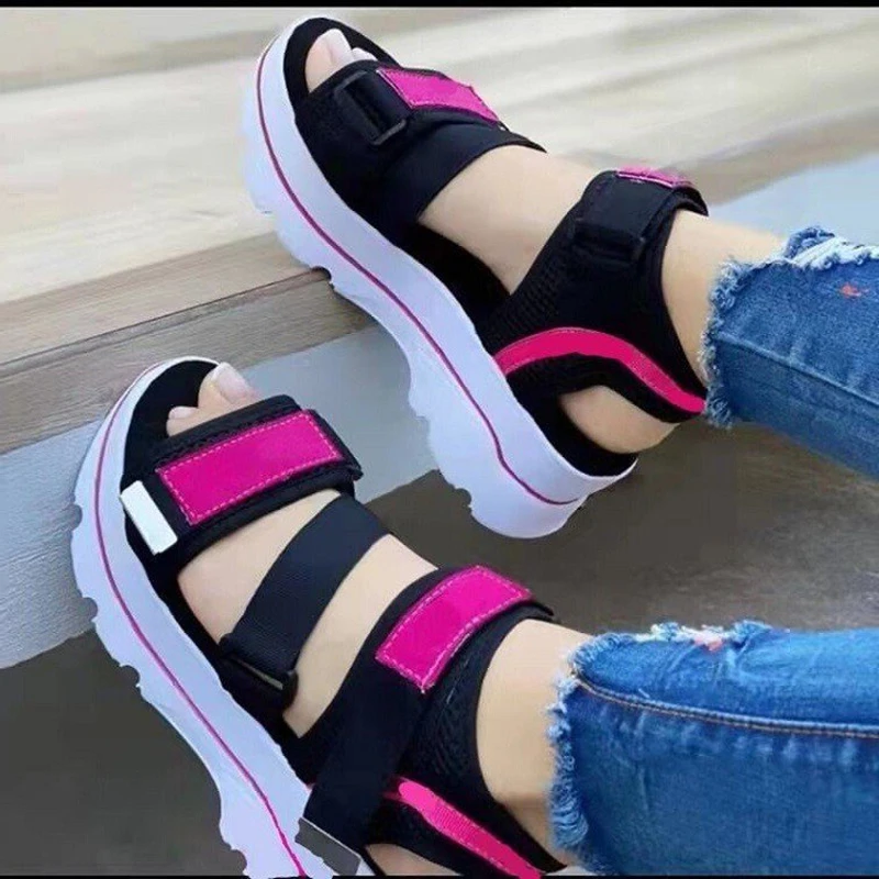 2022 New Women Open Toe Platform Sandals Thick Bottom Stretch Hoop Look Wedges Punk Style Patchwork Ladies Beach Shoes Footwear