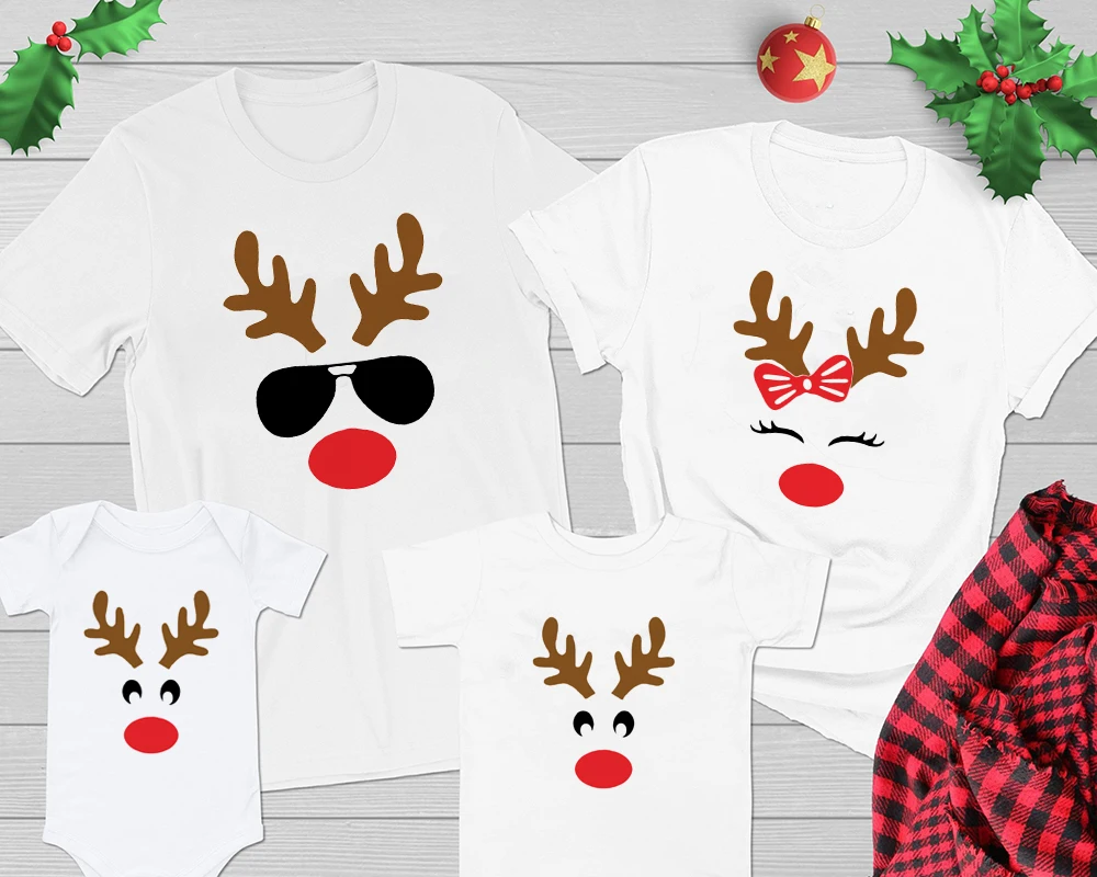 1pcs Family Christmas Matching Clothes Mom Dad Kids T-shirt Infant Baby Romper Deer Face Print Children Tees Xmas Gift for Party
