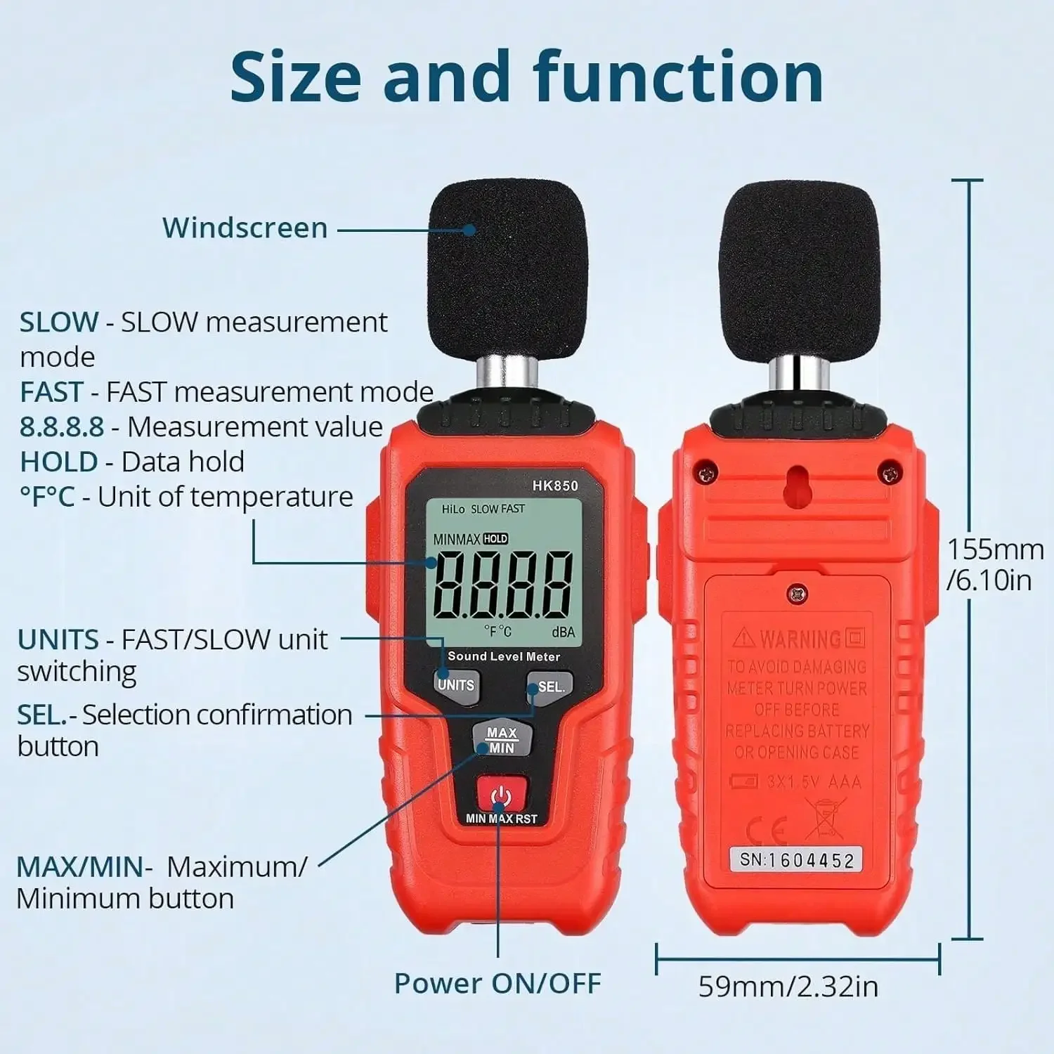 Digital Sound Level Meter Range 35-135dB(A) Decibel Meter Noise Volume Measuring with LCD Backlight,Batteries for Engineering 2