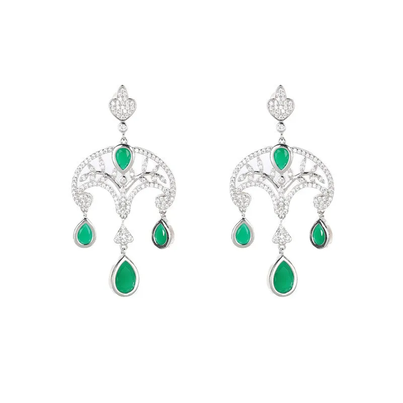 Green Cubic Zirconia Long Temperameng Water Drop Earrings Luxury Brand Jewelry 925 Silver Needle Fashion Stud Earings