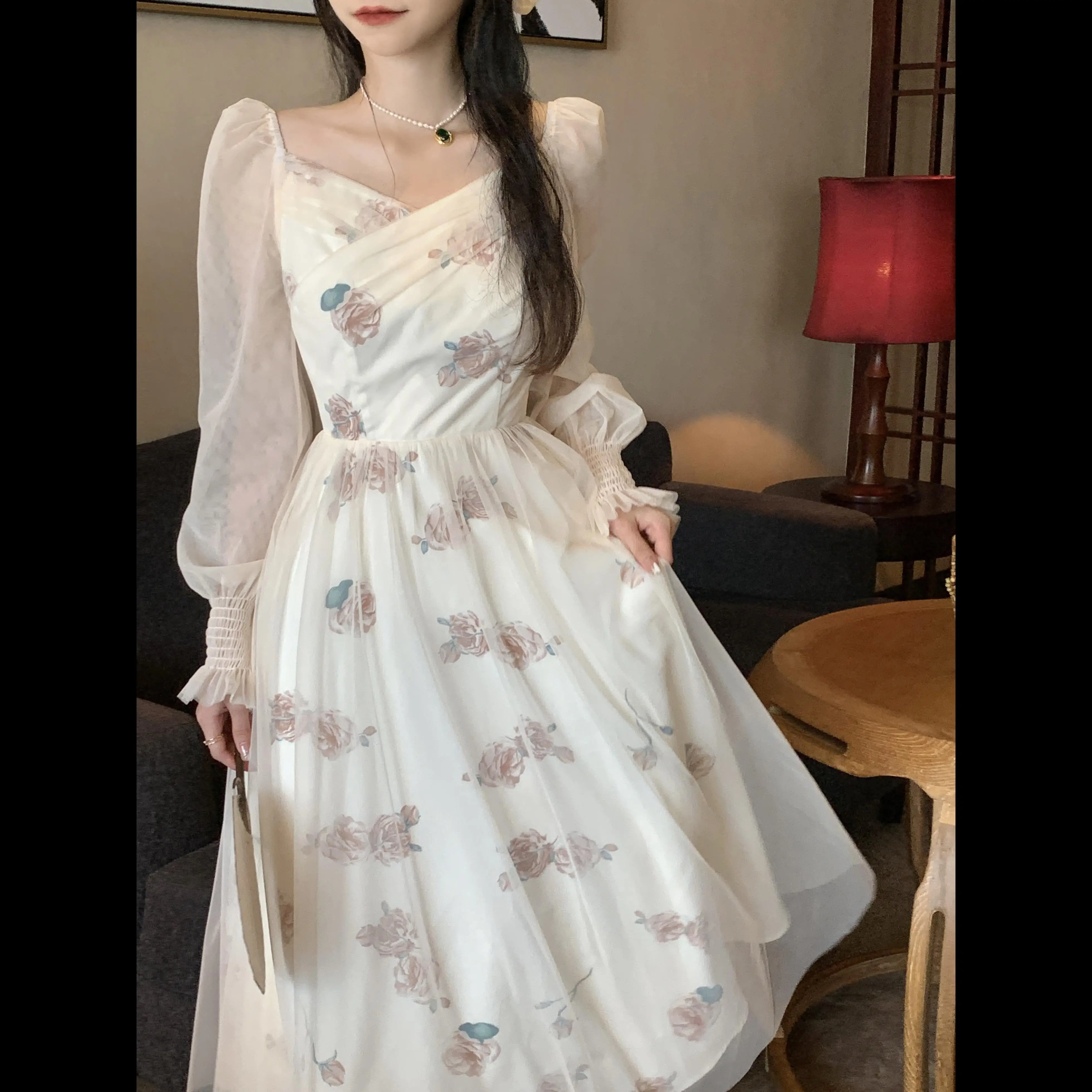 

French Fairy National Style Dress Women Chinese Style Cross V-neck Design Sense Niche Fairy Air Mesh Yarn Long-sleeved Dress