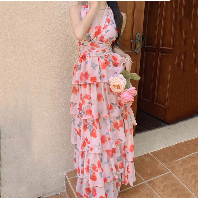 2022 Summer New Fashion Beach Chic Ruffles Print Cake Maxi Dress