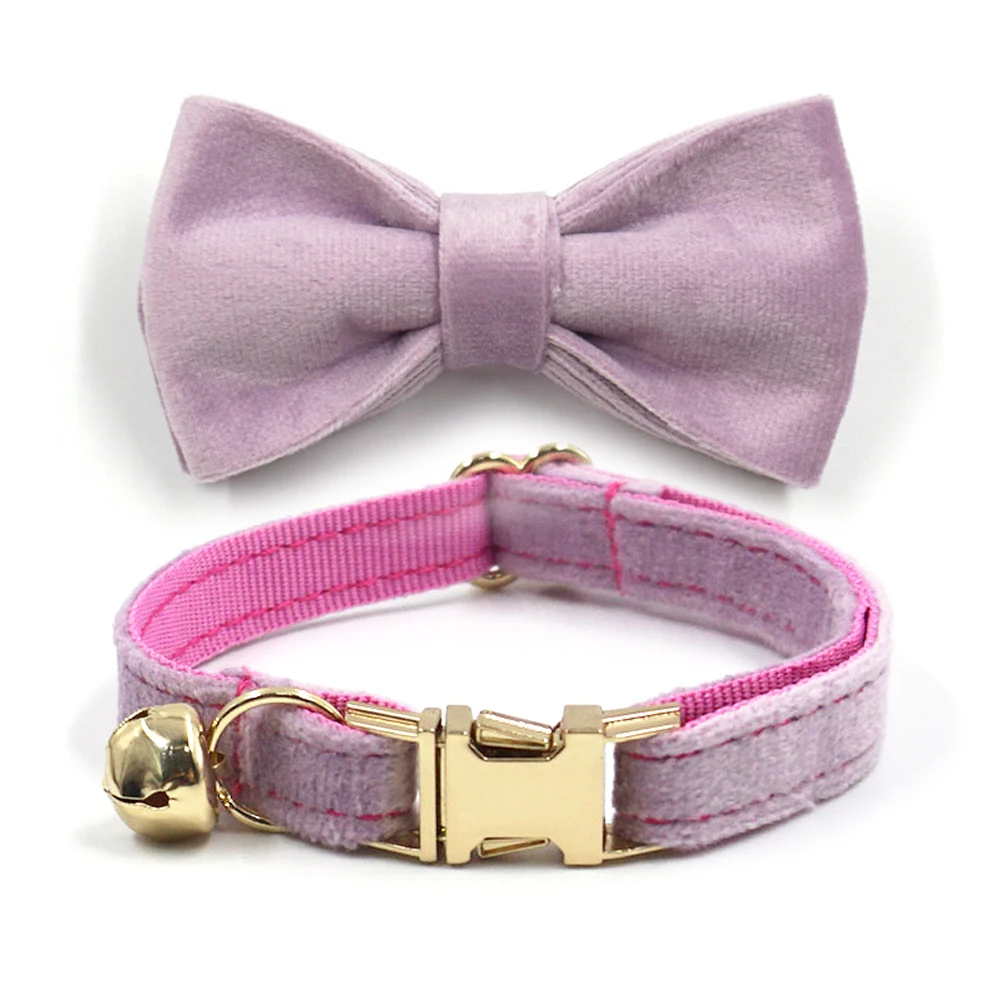 Lilac Velvet Personalized Cat Collars for Girl Cats Cute Bowtie Collar