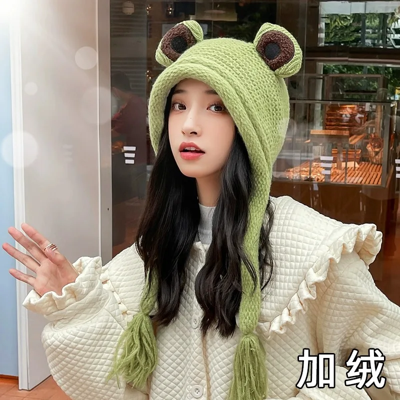 

Women Lovely Frog Hat Winter Thicken Warm Skullies Beanie Female Crochet Knitted Hat Girls Party Costume Cap Photography Prop