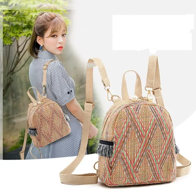 New Knitted Breathable Small Backpack Fashion Geometric Tassel Travel Bag Grass Knitted Backpack Tourism Leisure Shopping Bag