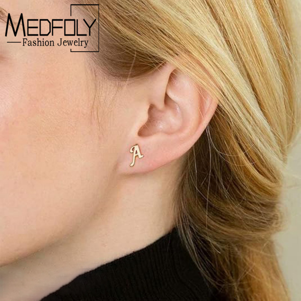 MEDFOLY Stainless Steel Tiny Initial Stud Earrings for Women 14K Gold Plated Hypoallergenic 26 Letters Alphabet Earrings Jewelry