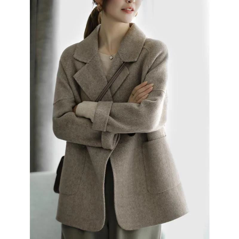 

Cardigan herringbone patterned woolen coat for women autumn 2023 new solid fashion high-end leisure high-end jacket female coat