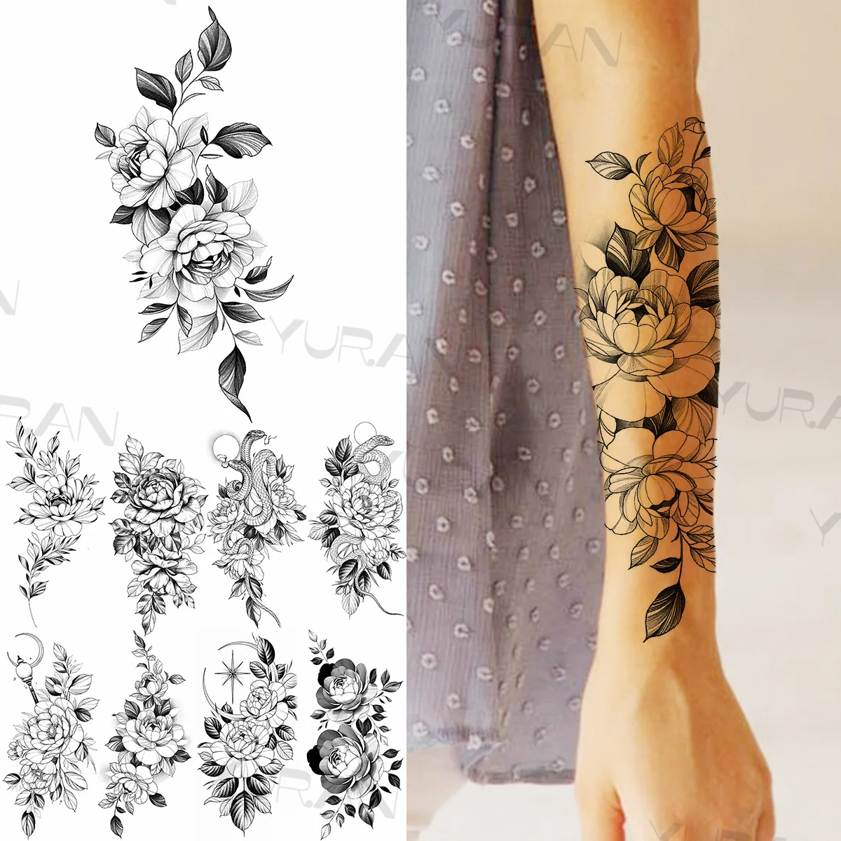 

Black Flower Temporary Tattoos For Women Girls Realistic Snake Moon Dahlia Rose Fake Tattoo Sticker Forearm Body Tatoos Sexy