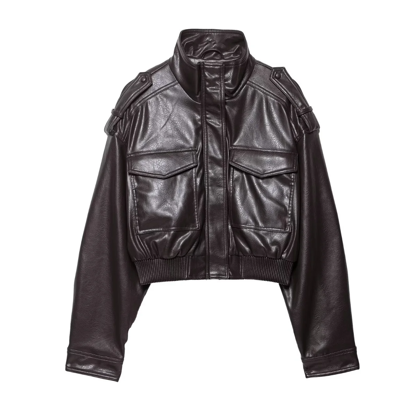 Women's Large Pockets Leather Shortjacket Coat Turn-Down Collar Long Sleeve Zipper Coats Autumn Winter Ladies Casual Streetwear