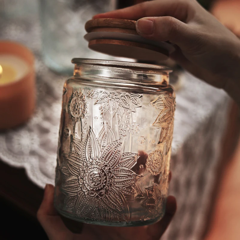 Retro Begonia Pattern Glass Sealed Jar Creative Food Grade Dried Fruit Snack Nut Storage Jar Kitchen Storage Supplies 6