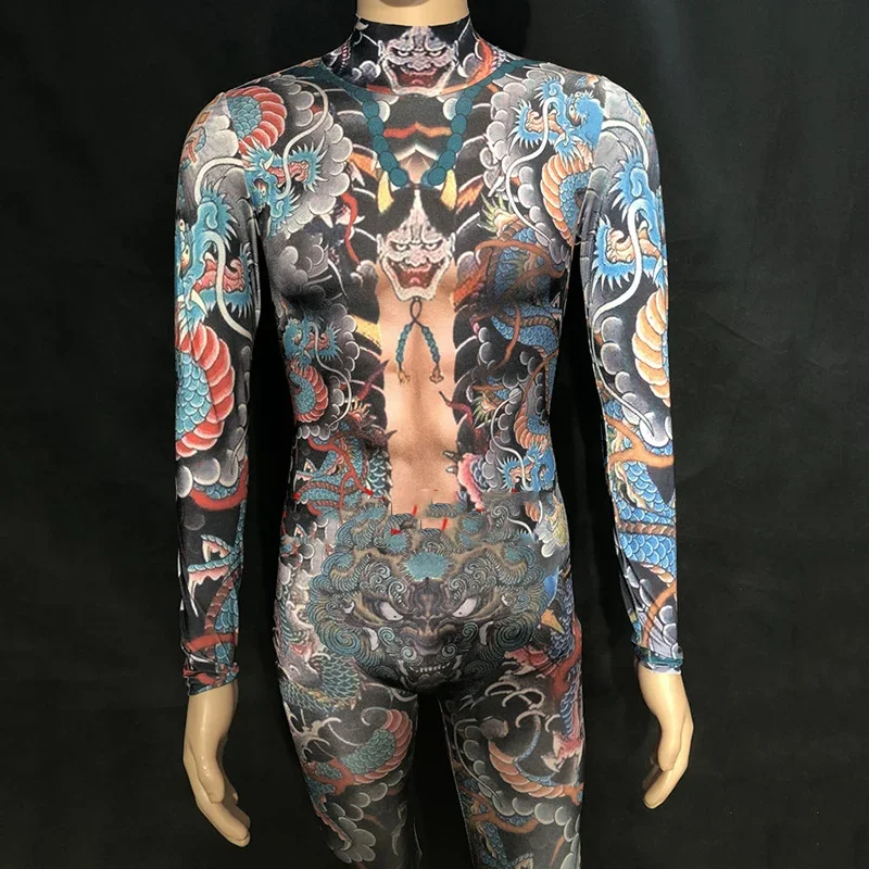 

male printing jumpsuit party wears stage costumes long sleeve stretch bodysuit dj perform siamese Sexy men pole dance dress