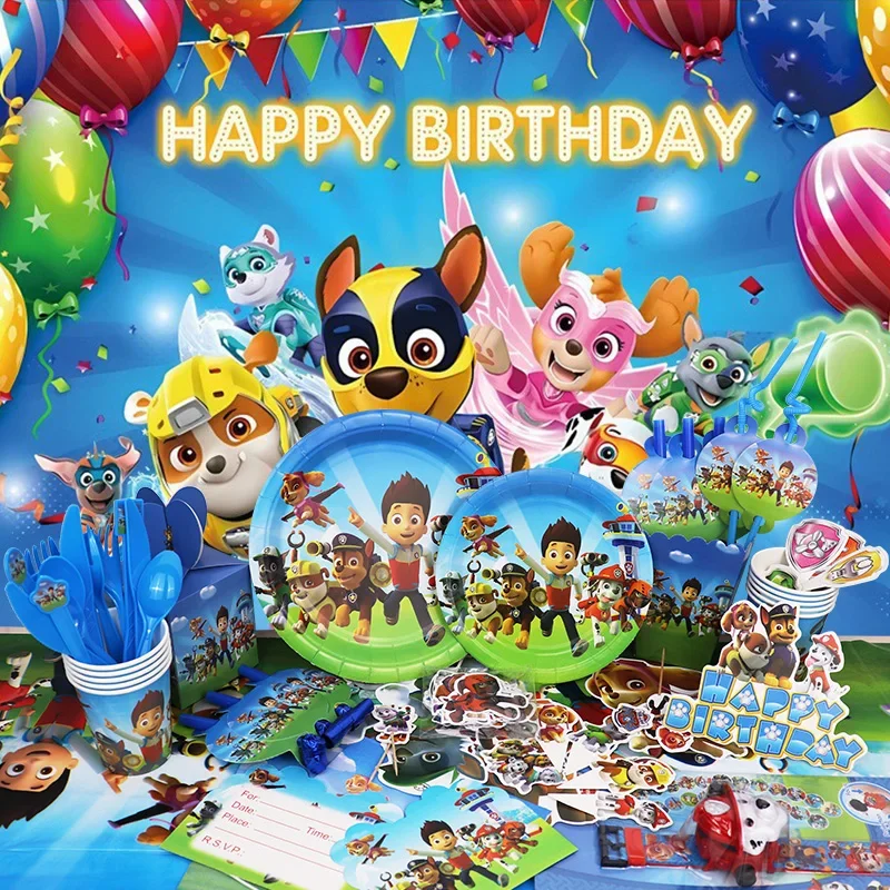 PAW 순찰 생일 파티 장식 체이스 호일 라텍스 풍선 어린이 이벤트 용품 장난감 시계 일회용 식기 배너 배경